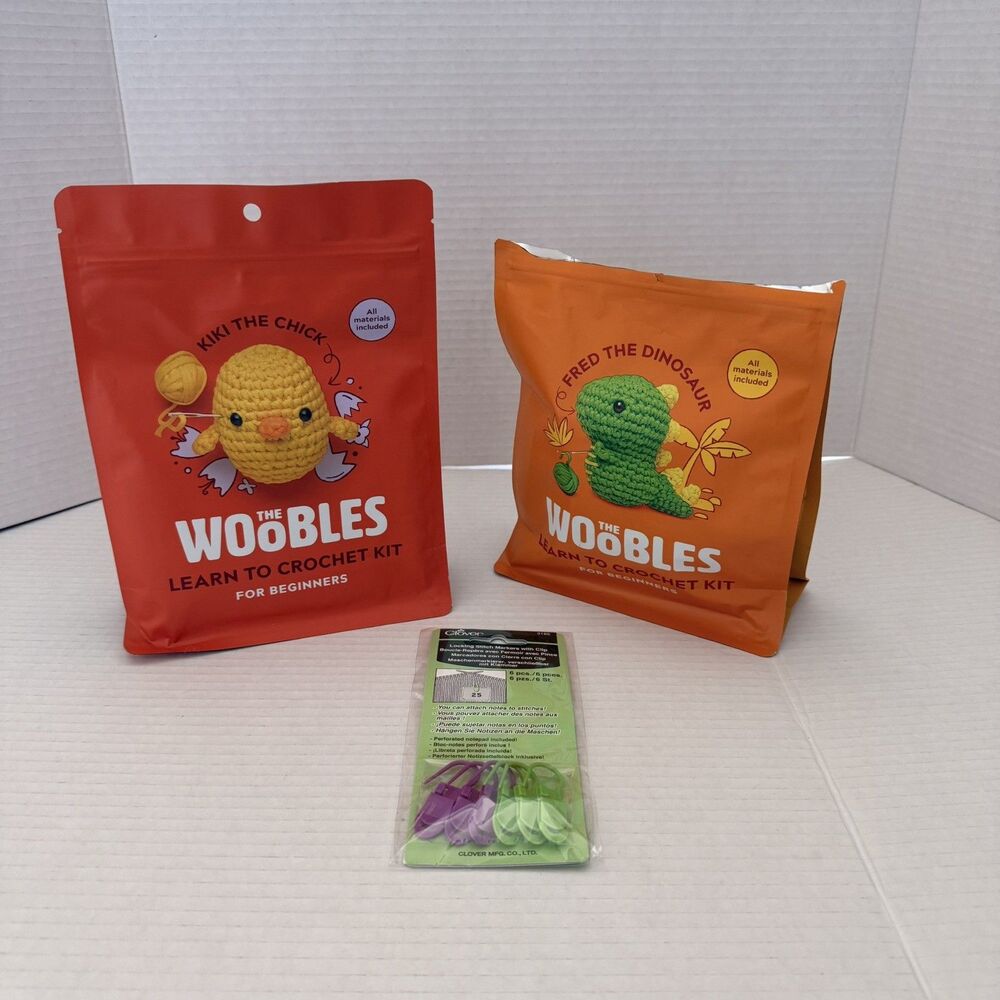 The Woobles Crochet Kit Lot Kiki the Chick Fred Dinosaur (Open) Beginner Craft